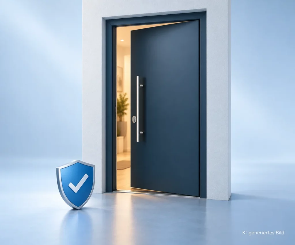 Angelehnte dunkelblaue Eingangstür mit Schutzschild-Symbol