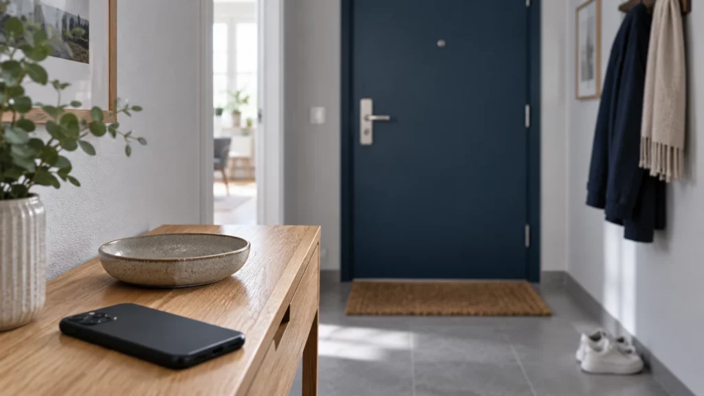 Leere Schlüsselschale und Smartphone auf einer Kommode vor einer geschlossenen Wohnungstür
