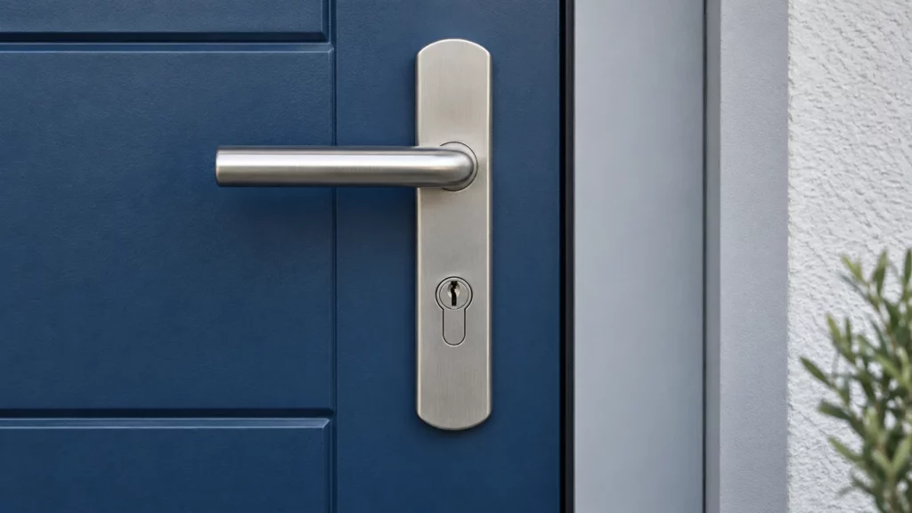 Blaue Haustür mit metallischem Schutzbeschlag und bündigem Schließzylinder